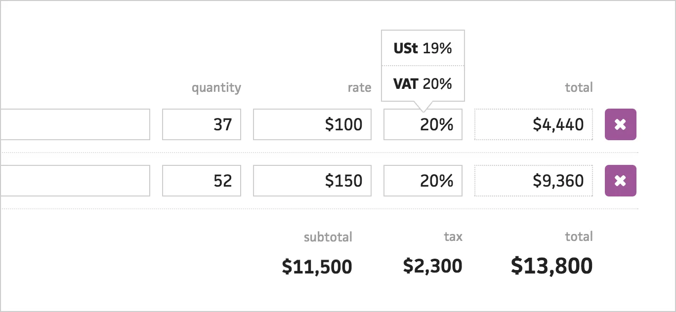 Invoice line items with rates and taxes