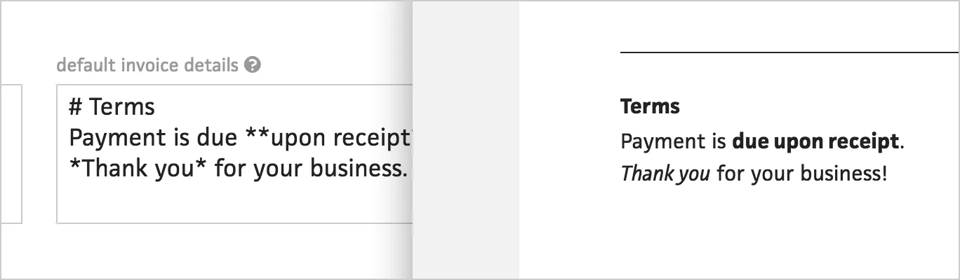 Markdown-supported details field on an invoice