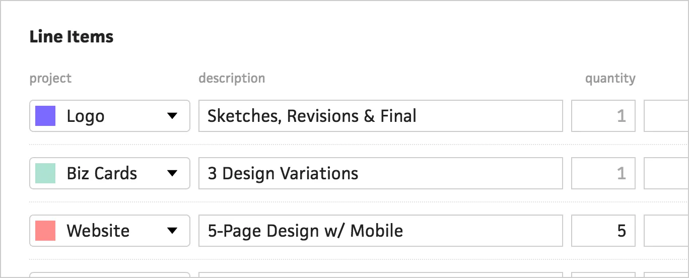 Assigning projects to invoice line items for a single multi-project invoice