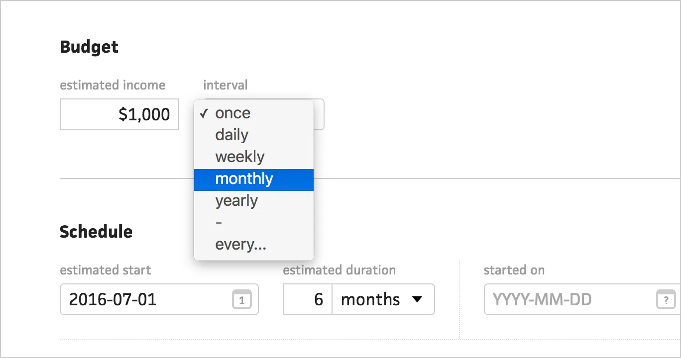 Interval dropdown on the project form with options like weekly or monthly