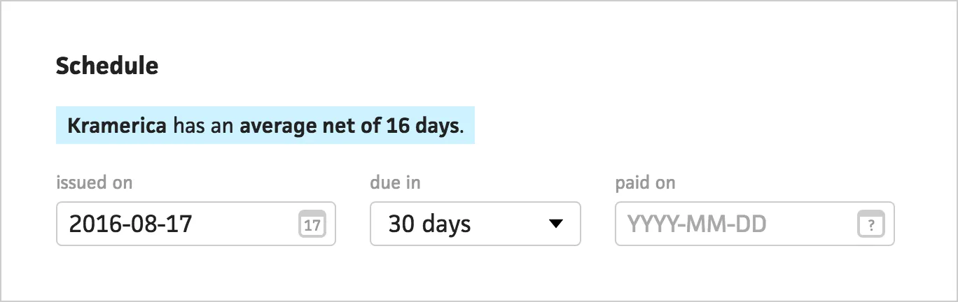 Invoice creation showing the client's actual net payment history