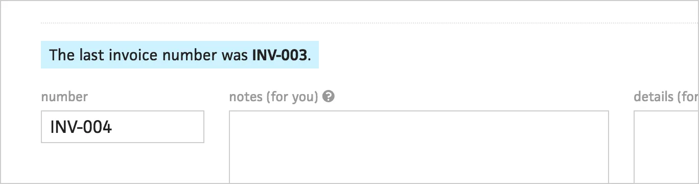 Auto-inserted invoice number with the previous number shown for reference