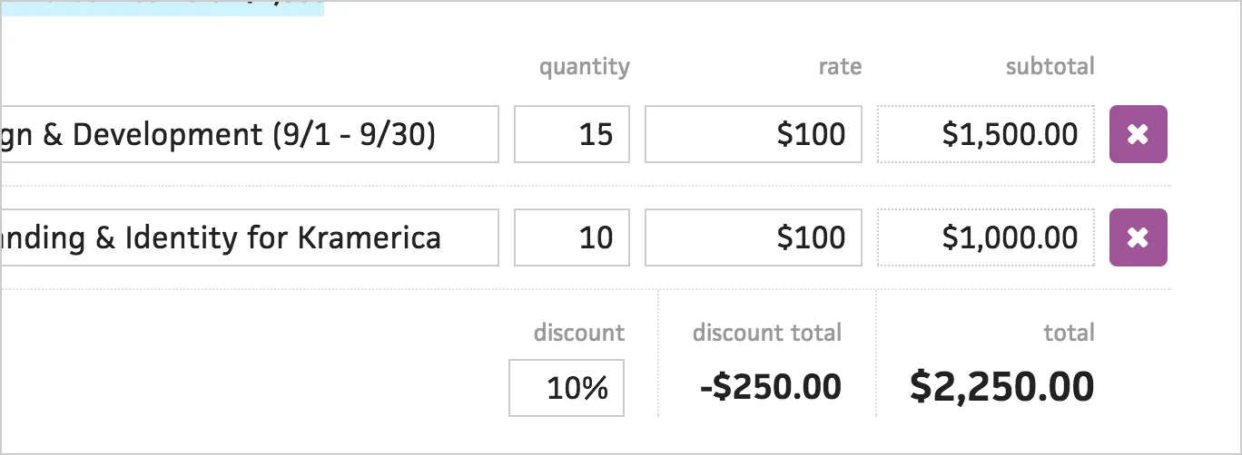 Invoice line items with descriptions, rates, and calculated totals