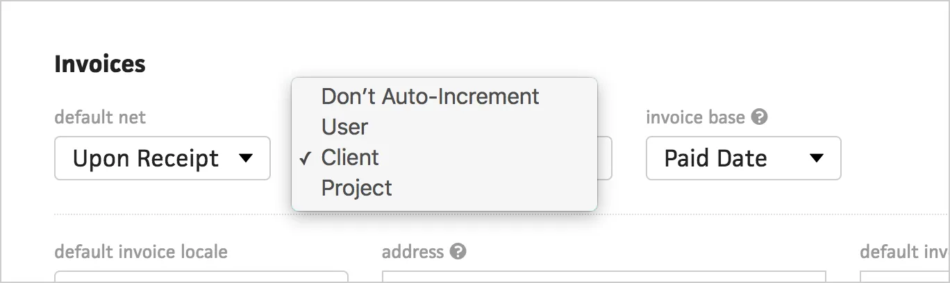 Auto-increment options for user, client, or project grouping