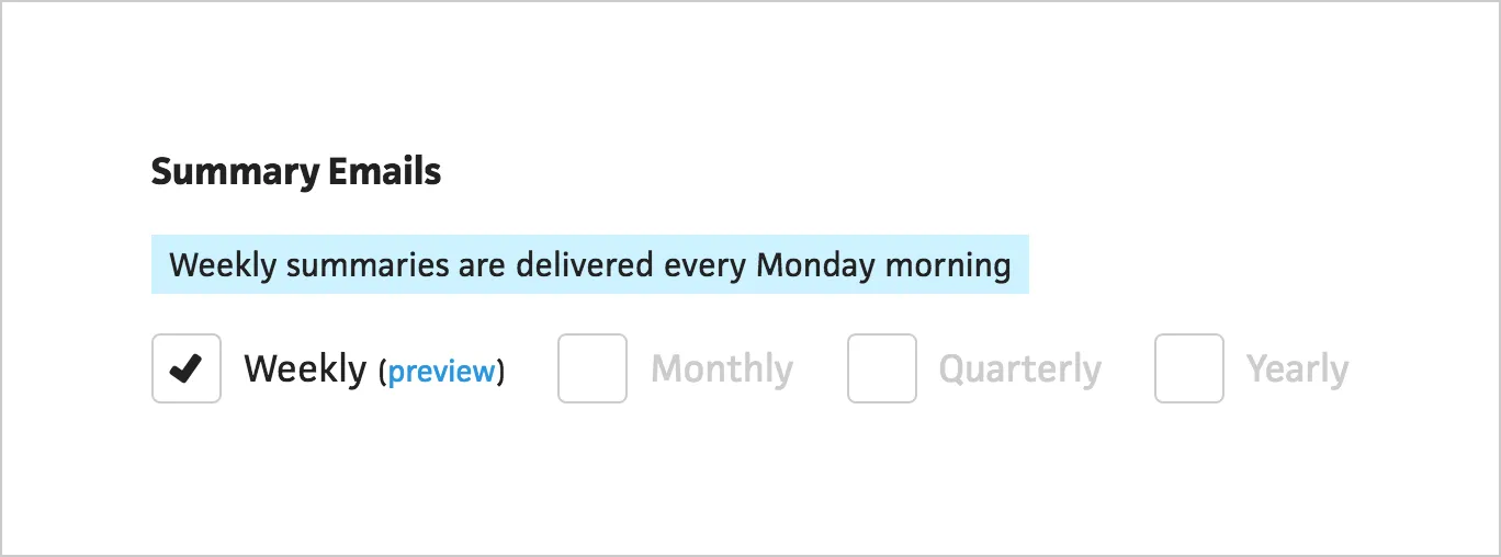 Summary Emails section in Preferences with the Weekly checkbox