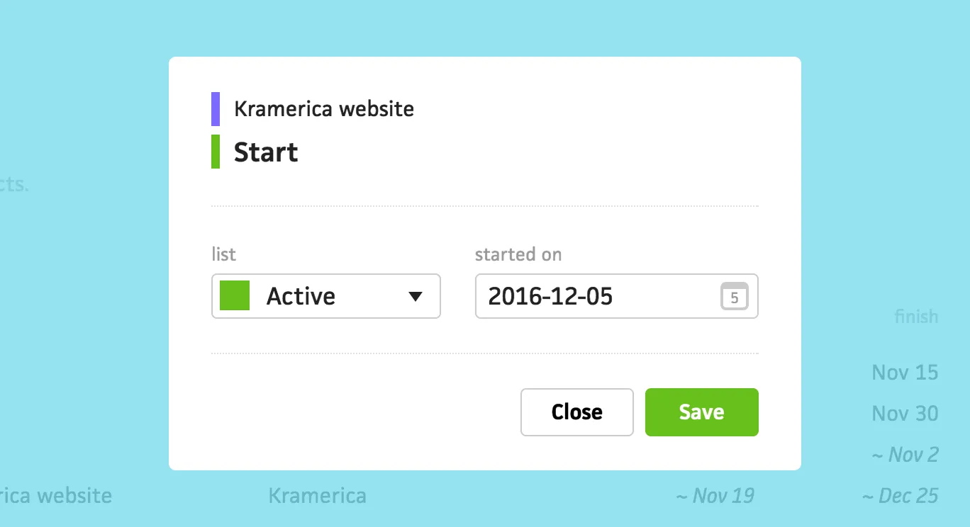 Start project modal with today's date pre-filled
