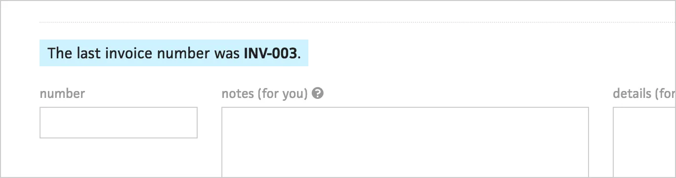 Previous text-only invoice number field with a note showing the last number